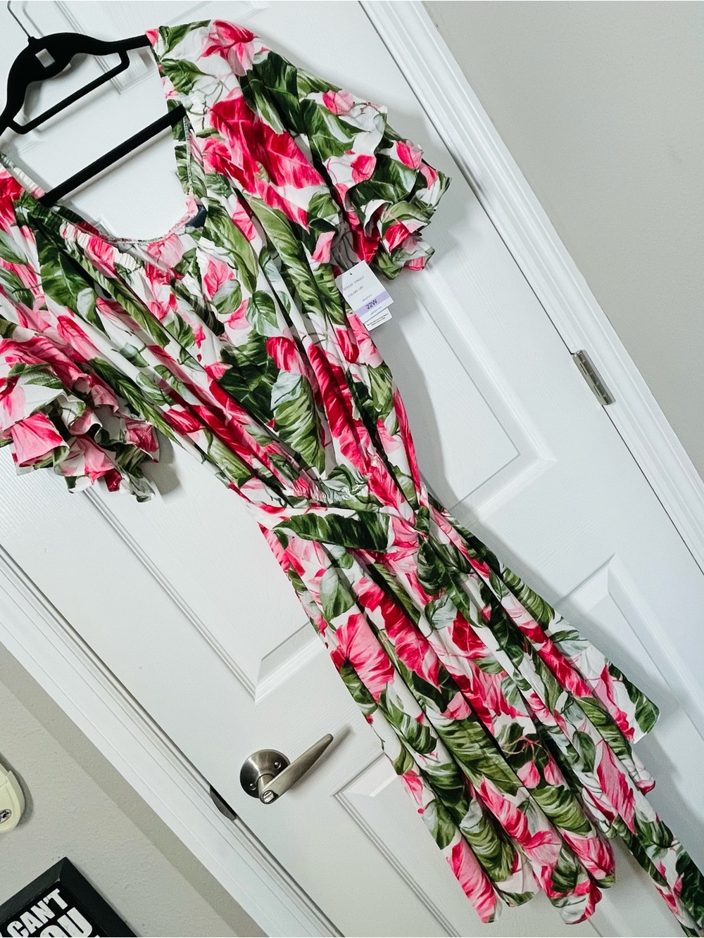 Gabby Skye White Dress with Pink Floral & Green Leaf Print